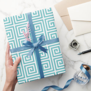 Chic teal greek key geometric patterns monogram wrapping paper