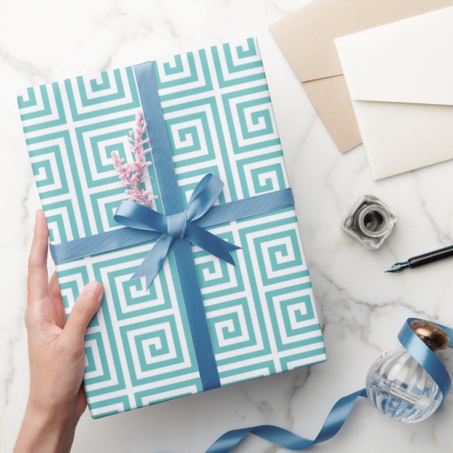 Chic teal greek key geometric patterns monogram wrapping paper (Gifting)