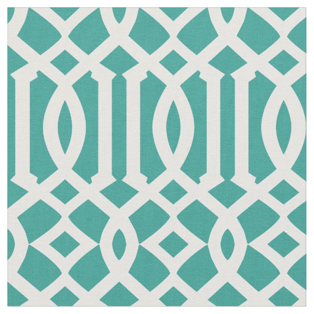 Chic Teal Green and White Trellis Lattice Pattern Fabric (Close Up)
