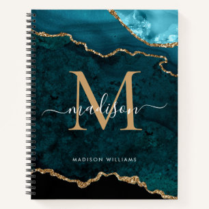 Chic Teal Green Gold Glitter Agate Geode Monogram Notebook