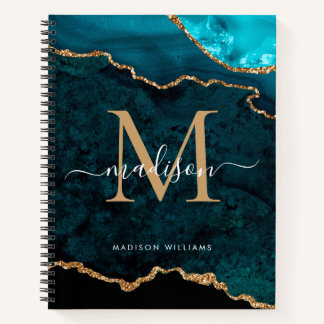 Chic Teal Green Gold Glitter Agate Geode Monogram Notebook