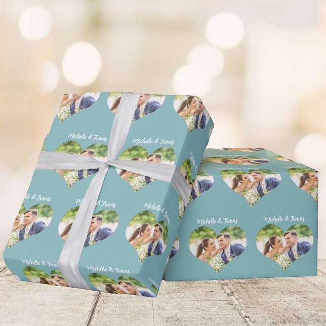 Chic Teal Hearts Couple Photo Romantic Custom Wrapping Paper (Creator Uploaded)