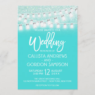 Chic Teal Mason Jar String Lights Glitter Wedding Invitation