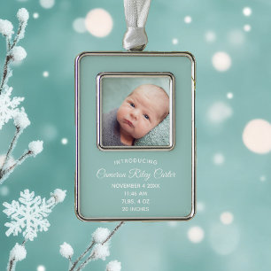 Chic Teal Newborn Baby Photo Birth Stats Keepsake Silver Plated Framed Ornament