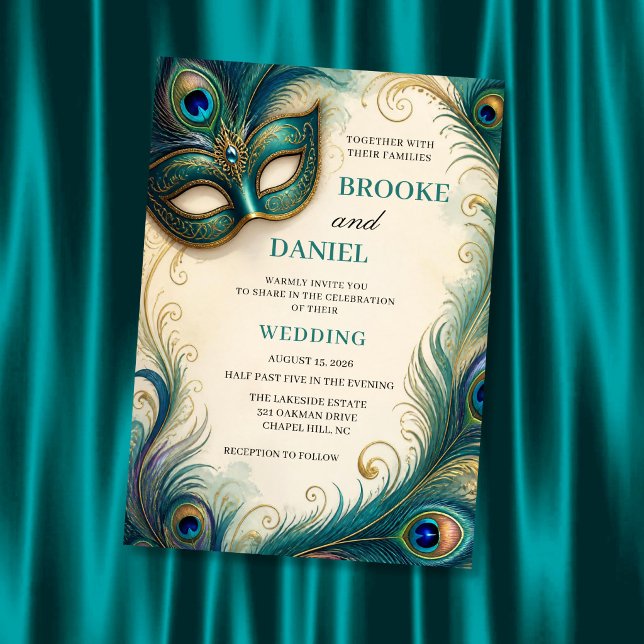 Chic Teal Peacock Feather Masquerade Wedding Invitation (Creator Uploaded)