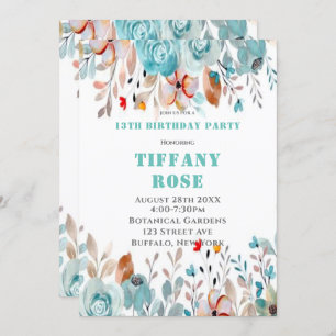 Chic Teal Peony 13th Birthday Party Invites