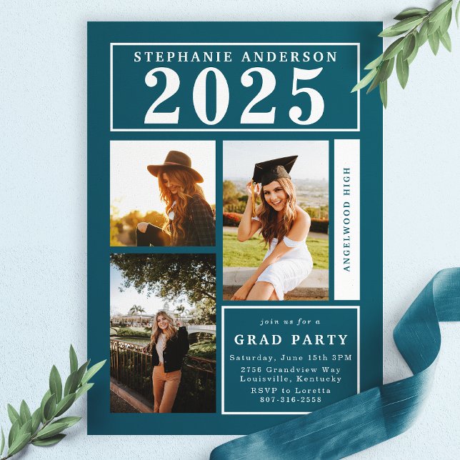 Chic Teal Photo Collage Graduation Party Invitation (Creator Uploaded)