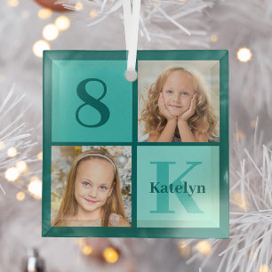 Chic Teal Photo Collage Personalised Christmas Glass Tree Decoration