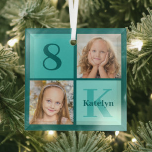 Chic Teal Photo Collage Personalized Christmas Glass Tree Decoration