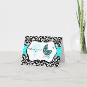 Chic Teal Polka Dot Damask Baby Shower Thank You Card
