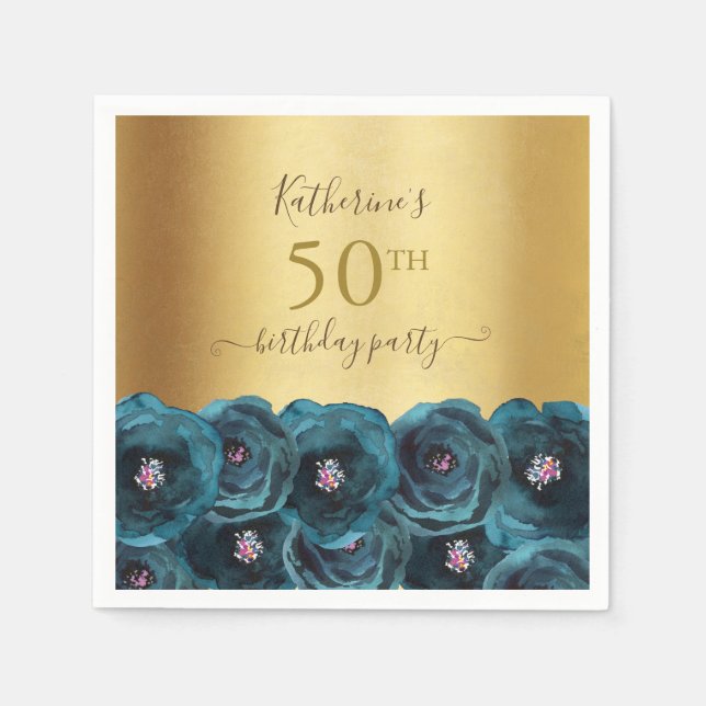 Chic Teal Rose Floral Gold 50th Birthday Party Napkin (Front)