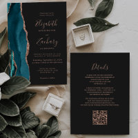 Chic Teal Rose Gold Agate Dark QR Code Wedding