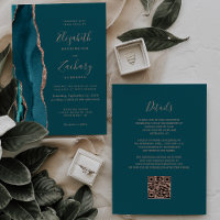 Chic Teal Rose Gold Agate QR Code Wedding