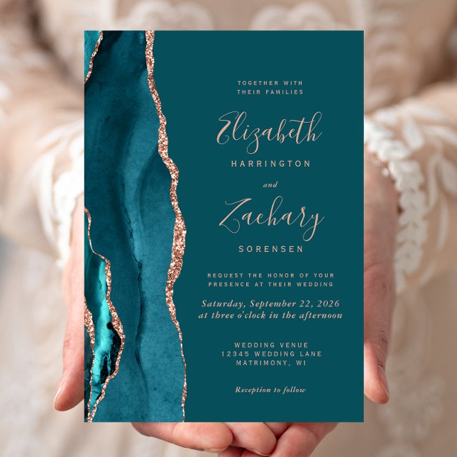 Chic Teal Rose Gold Agate Wedding Invitation (Creator Uploaded)