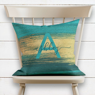 Chic Teal & Rose Gold Foil Name Monogram Cushion