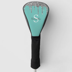 Chic Teal Silver Glitter Drips Monogram Name Golf Head Cover