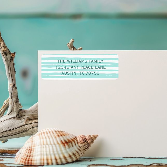 Chic Teal Striped Beach House Return Address (Creator Uploaded)