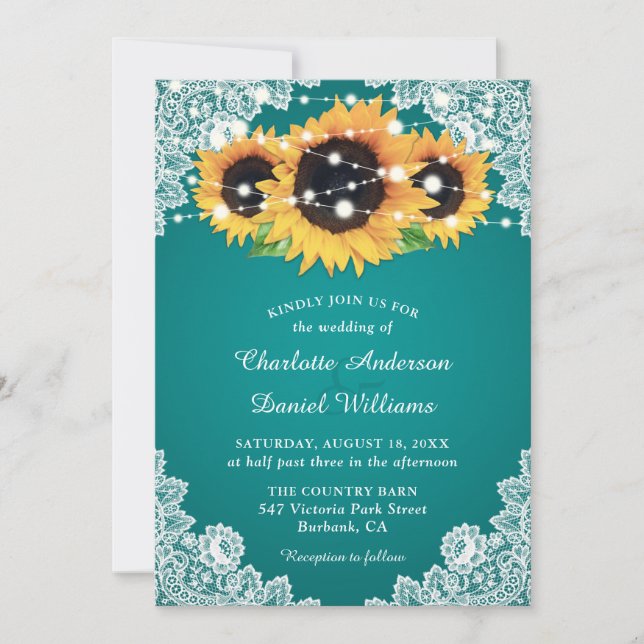Chic Teal Sunflower Wedding Invitation (Front)