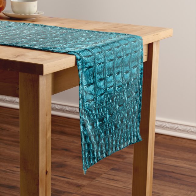 chic teal turquoise alligator print aqua blue short table runner (In Situ)