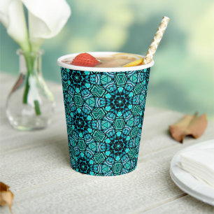 Chic Teal Turquoise Retro Oriental Mosaic Pattern Paper Cups