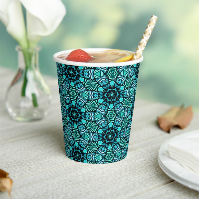 Chic Teal Turquoise Retro Oriental Mosaic Pattern Paper Cups (Insitu)