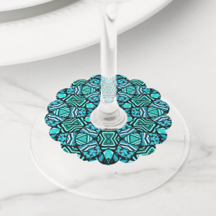 Chic Teal Turquoise Retro Oriental Mosaic Pattern Wine Glass Tag