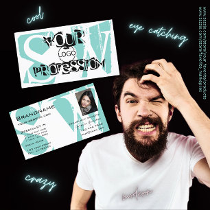Chic Teal White Black with Photo Logo and Monogram Business Card