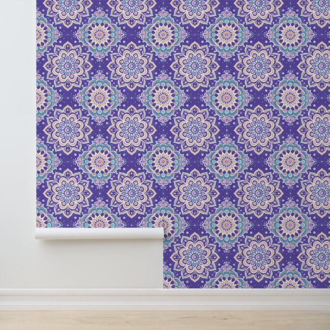 Chic Teal White Brown Purple Mandala Peel & Stick Wallpaper (Application)