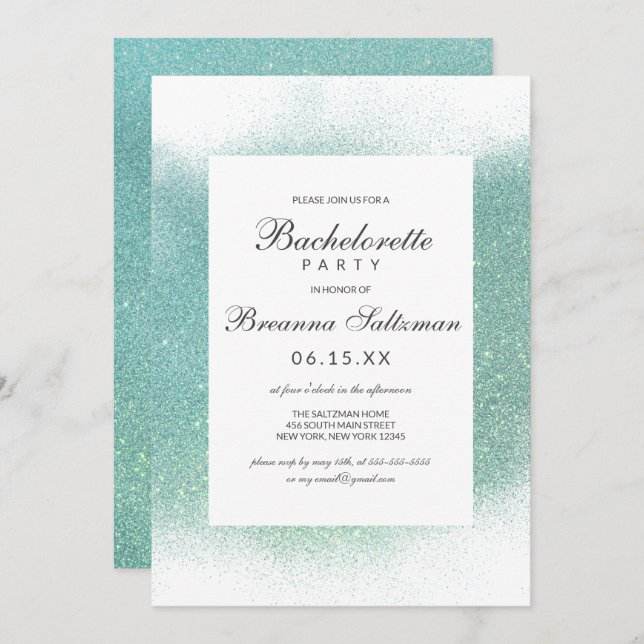 Chic Teal White Glitter Dust Border Bachelorette Invitation (Front/Back)