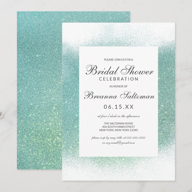 Chic Teal White Glitter Dust Border Bridal Shower Invitation (Front/Back)