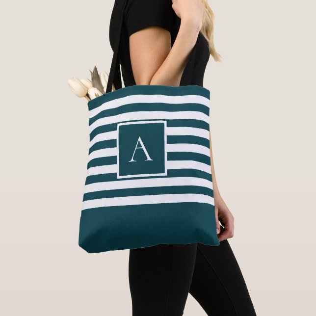 CHIC TEAL WHITE STRIPE Square Letter Monogram Tote Bag (Close Up)