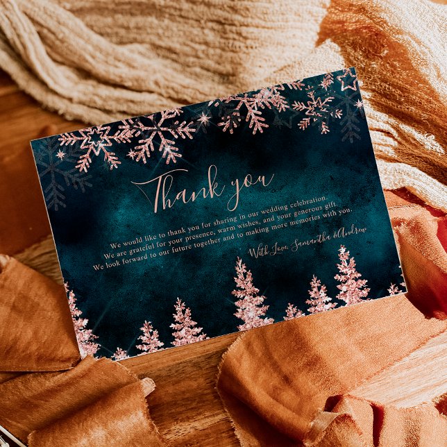 Chic teal Winter rose gold snow pine wedding Thank You Card (Chic teal Winter rose gold snow pine wedding Thank You Card)
