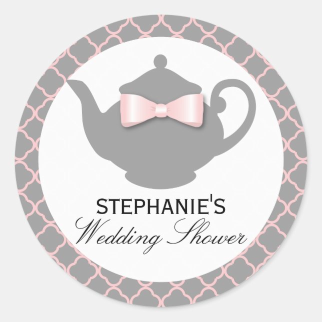 Chic Teapot Pink + Grey Wedding Shower Tea Sticker (Front)