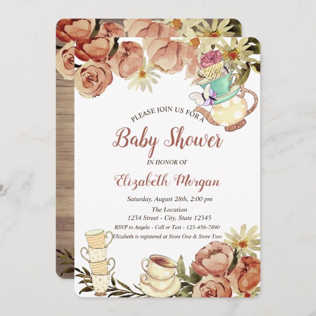 Chic Teapot Tea cup Flowers Wood Baby Shower   Invitation (Front/Back)