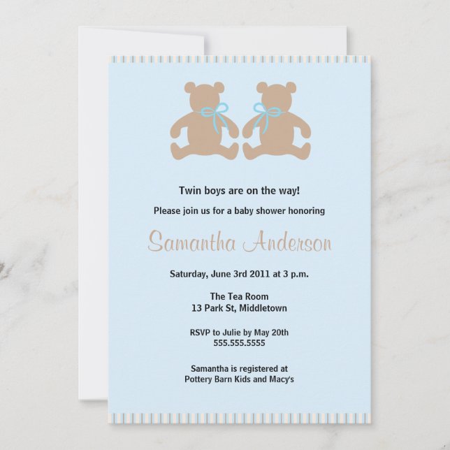 Chic Teddy Bear Baby Shower Invitation - Twin Boys (Front)