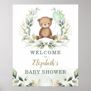 Chic Teddy Bear Greenery Gold Wreath Welcome Baby Poster