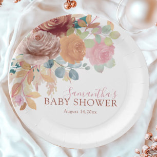 Chic Terracotta & Blush Watercolor Baby Shower  Paper Plate