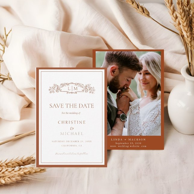 Chic Terracotta botanical crest monogram wedding Save The Date (Creator Uploaded)