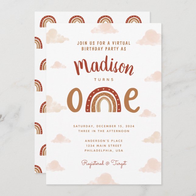 Chic Terracotta Rainbow First Birthday Invitation (Front/Back)