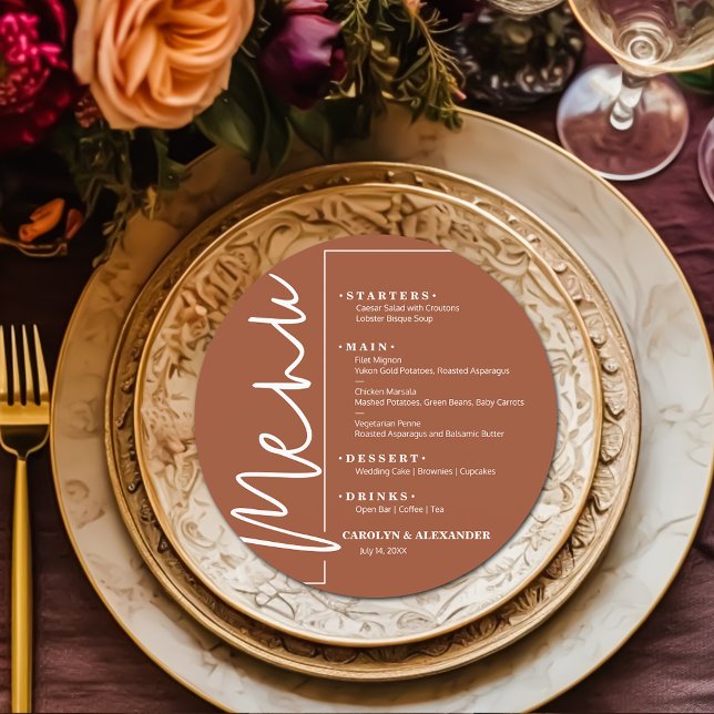 Chic Terracotta Round Menu (Chic terracotta round menu with your choices in white lettering. )
