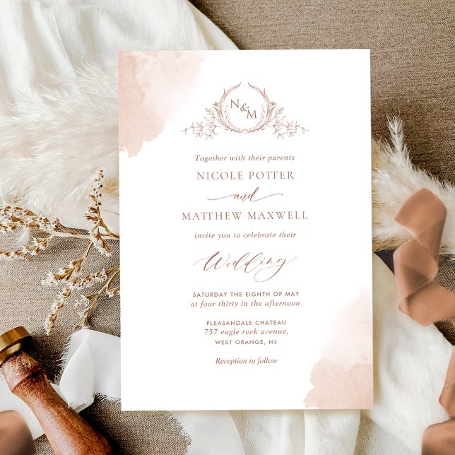 Chic Terracotta Watercolor Stains Monogram Wedding Invitation (Creator Uploaded)
