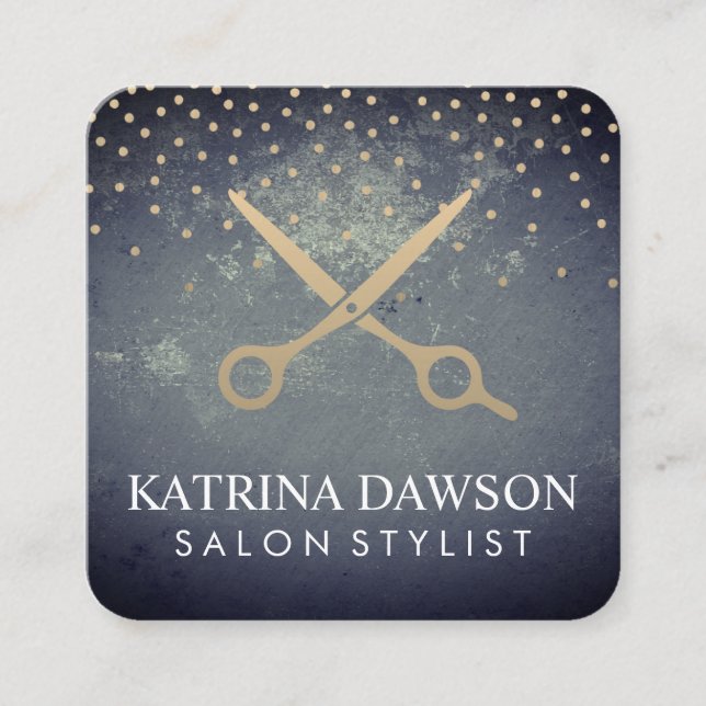 Chic Texture and Polka Dots Salon Shears Square Business Card (Front)