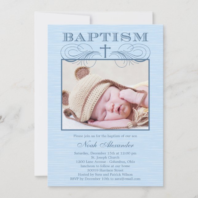 Chic Texture Photo Baptism Invitation - Blue (Front)