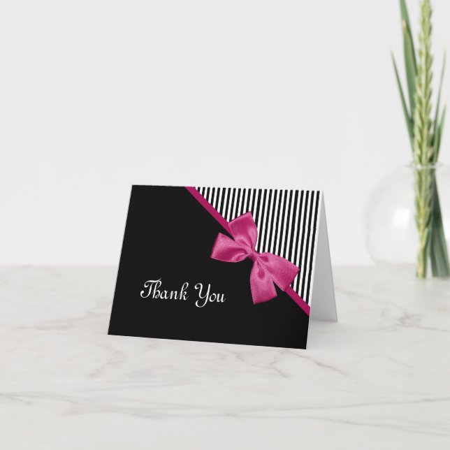 Chic Thank You Black and White Stripes Pink Ribbon Card (Front)