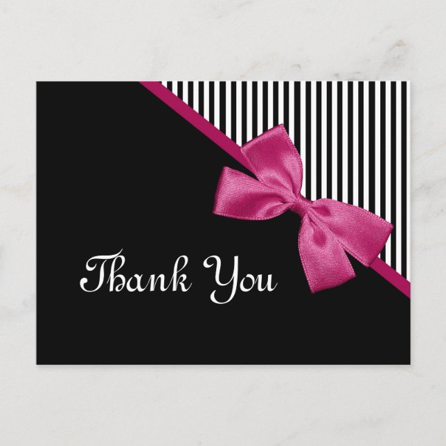 Chic Thank You Black and White Stripes Pink Ribbon Postcard (Front)