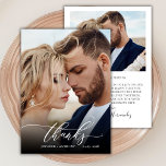 Chic Thanks Script 2 Photo Wedding Thank You Card<br><div class="desc">Modern Chic Boho Calligraphy Script Wedding 2 Photo Thank You Card. Stylish wedding thank you template featuring a full vertical photo on the front with the text "Thanks" in a whimsical swirly hand lettering typography script swash tail font in white overlay on the picture and a reverse side one (1)...</div>