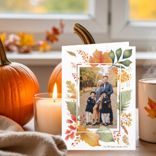 Chic Thanksgiving Family Photo Fall Leaf Border Holiday Card