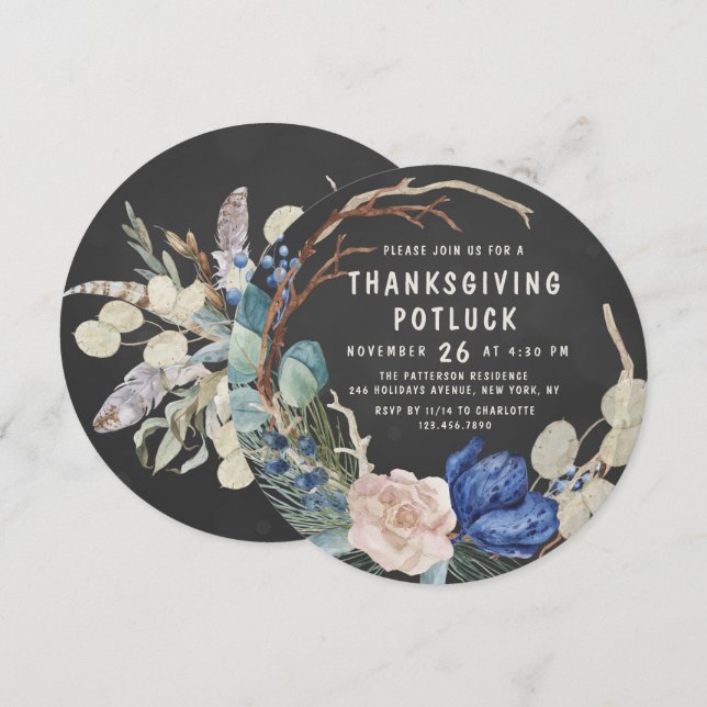 Chic Thanksgiving Potluck Dinner Watercolor Floral Invitation (Front/Back)