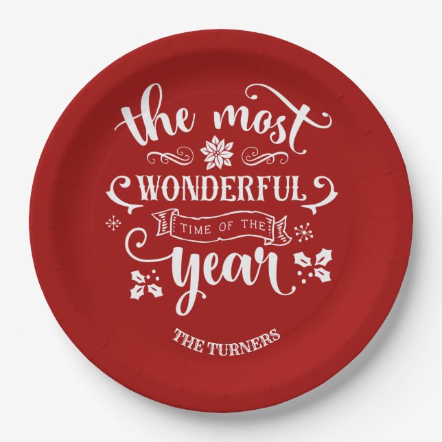 Chic The Most Wonderful Time of the Year Monogram Paper Plate (Front)