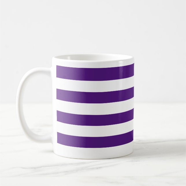 Chic Thick Dark Purple & White Horizontal Striped Coffee Mug (Left)